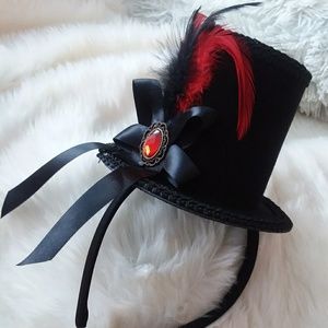 Tophat headband, red jewels costume feathers